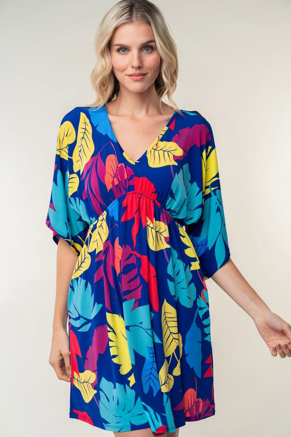 White Birch Full Size Printed V-Neck Mini Dress - Love Salve